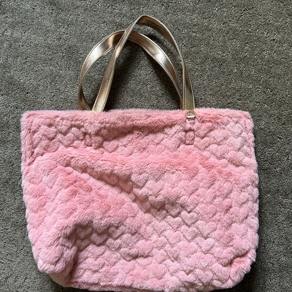 Capelli of New York Pink Faux Fur Tote with Gold Straps